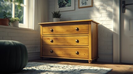 Wooden chest of drawers in a sunlit room