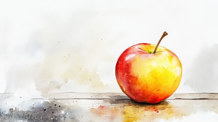 Single Red and Yellow Apple on Wooden Surface - Watercolor painting of a single ripe apple, red and yellow, sitting on a rustic wooden table against a soft white background