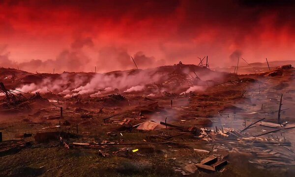 War zone devastation aftermath scene with red sky and smoke stock footage video background landscape