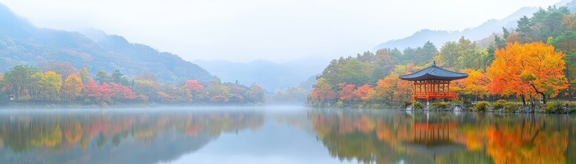 Fototapeta premium Tranquil lakeside pagoda, serene retreat amidst nature's embrace serene
