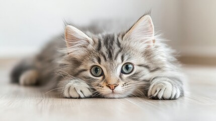 Cute fluffy cat with striking blue eyes lying on a wooden floor in a cozy indoor setting
