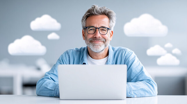 cloud computing expert working on laptop, smiling confidently in modern office environment. background features soft, abstract cloud shapes, enhancing tech savvy atmosphere