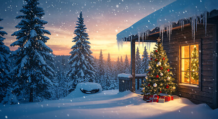 Fototapeta premium Winter's Embrace: Cabin Glow AI Generated