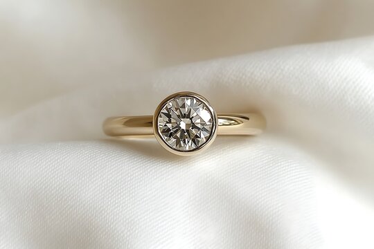 A minimalist bezel-set diamond ring on a slim gold band, showcased on a white linen backdrop for a soft effect.