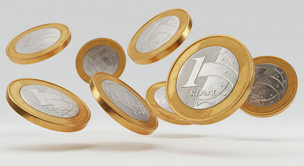 Golden Brazilian Real Coins Floating, Illustrating Financial Stability and Currency