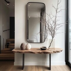 A modern entryway console table with a large mirror and decorative accents.