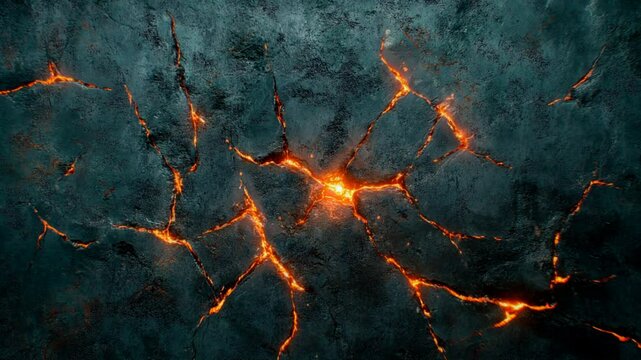 Fondo abstracto de muro de piedra o concreto con cuarteaduras de las cuales sale fuego. 