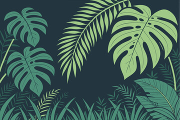 44 Lush tropical foliage, vibrant green leaves, dense jungle vegetation, dark background, dramatic lighting, high contrast, botanical garden, exotic plant varieties, ferns, palms, philodendrons, monst