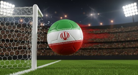 Iranian Flag Soccer Ball Scoring Goal in Stadium, Symbol of National Pride