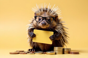 Cheerful porcupine holding a gold credit card