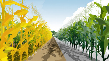 vibrant illustration of cornfield showing contrast between ripe yellow corn and green immature corn, symbolizing growth