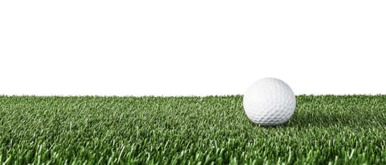 golf ball on horizon of artificial turf isolated on white