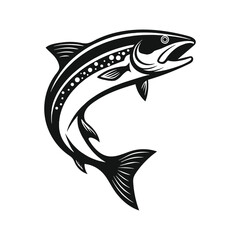 Stylized Jumping Salmon Fish Logo – Black and White Tribal Art Vector Illustration
