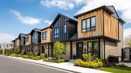 Obraz premium Row of modern suburban townhouses with wooden facades lines a paved street under a bright clear blue sky.