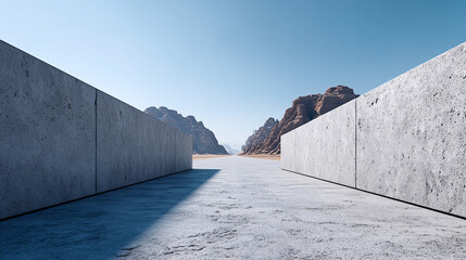 vast desert landscape features two towering concrete walls, creating narrow pathway that leads towards distant rocky mountains under clear blue sky. scene evokes sense of isolation and intrigue