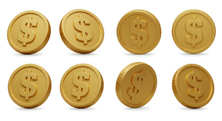 Eight golden dollar coins isolated, representing wealth, finance, and economic prosperity