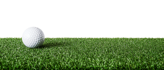 golf ball on horizon of artificial turf isolated on white