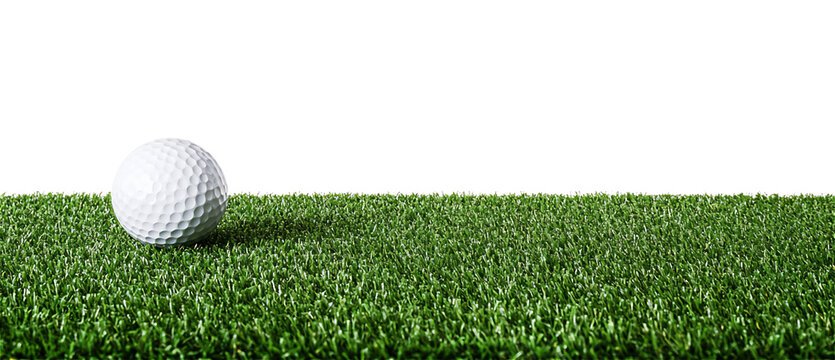 golf ball on horizon of artificial turf isolated on white