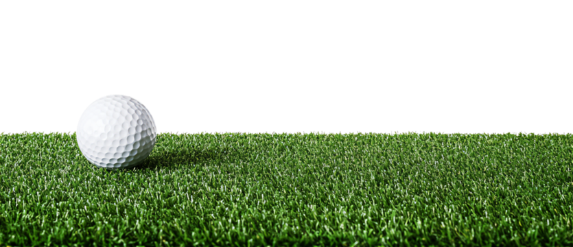 golf ball on horizon of artificial turf isolated on white