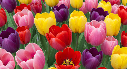 Fototapeta premium Colorful Tulip Field Background in Soft Morning Light