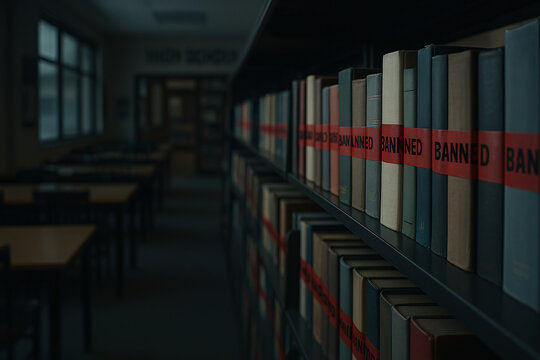 A row of books in a dimly lit school library, each wrapped in red “BANNED” tape, symbolizing censorship in education.