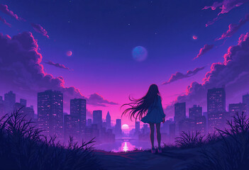 Naklejka premium chill lofi vibes with night skyline and purple