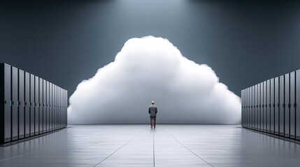 network administrator stands in futuristic data center, gazing at large cloud formation, symbolizing cloud computing and technology. scene evokes sense of innovation and possibility