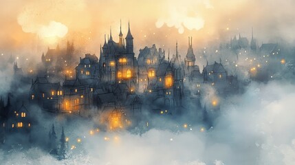 Fototapeta premium Watercolor Enchanting Aerial View of Mystical City in Clouds - Mystical city, aerial view, watercolor, clouds, enchanting fantasy. Symbolizing magic, wonder, serenity, mystery, and escapism