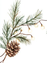 Fototapeta premium Watercolor Festive Evergreen Branch with Pinecone - Symbolizing winter, nature, holidays, warmth