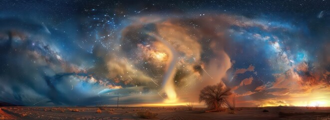 A stunning cosmic landscape featuring swirling galaxies and a dramatic sky at dusk.