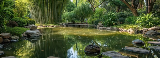 A tranquil garden scene featuring a serene pond surrounded by lush greenery and rocks.