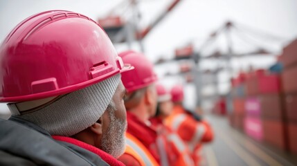 A group of workers in pink helmets observes container loading at a port, highlighting teamwork and safety in a busy industrial environment.