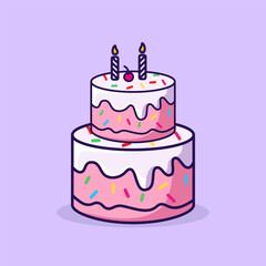 A cute two-tier cartoon birthday cake with pink icing, colorful sprinkles, two candles, and a cherry on top. Perfect for celebration, party, or kids’ illustration themes.