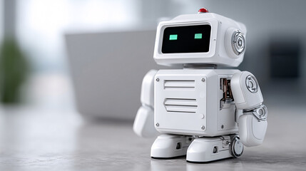 small robotic assistant with friendly appearance stands on smooth surface, showcasing its sleek design and bright green eyes. This charming robot embodies innovation and technology