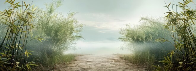 A serene pathway through lush greenery, leading into a misty, tranquil landscape.