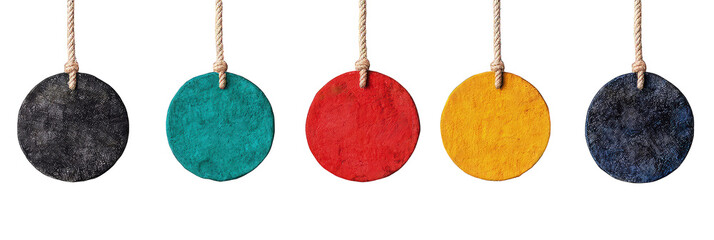 Collection of wood colored circular hanging signboard in rope isolated on transparent background