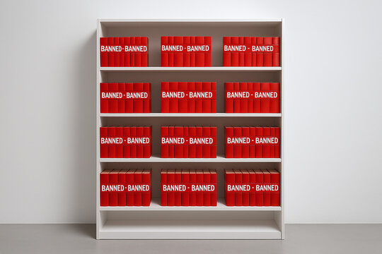 A bright modern library shelf is covered entirely in red “BANNED” tape, highlighting aggressive censorship and book restriction.