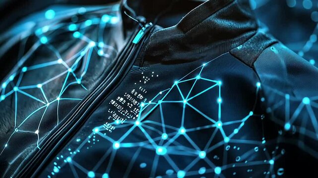 Futuristic dark jacket with glowing digital network pattern