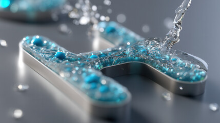 metallic H filled with blue liquid and bubbles, with water splashing over it, symbolizes hydrogen energy innovation