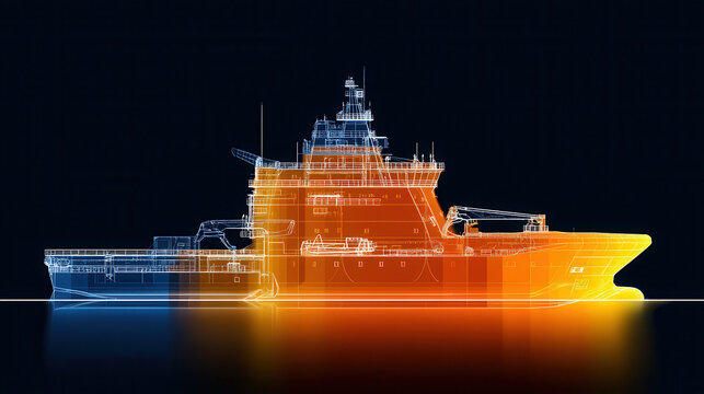 futuristic blueprint of nuclear powered ship with vibrant orange and blue hues, symbolizing innovation and energy