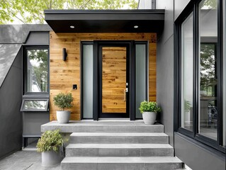 A sleek modern home in Canada with a frosted glass front door with natural ash wood details, framed in black steel