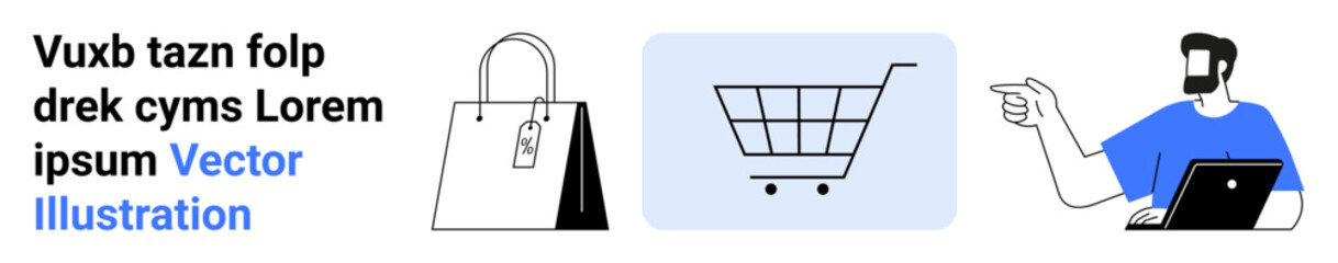Shopping bag, empty cart, and person with laptop pointing at screen highlight e-commerce. Ideal for retail, online shopping, marketing, product promotion, technology, business flat landing page