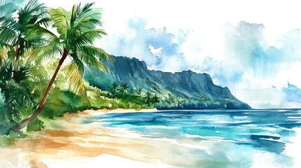 Watercolor Tropical Beach Scene - Serene watercolor painting of a tropical beach, palm trees, turquoise water, and lush mountains. Symbolizing tranquility, paradise, escape, nature, and relaxation