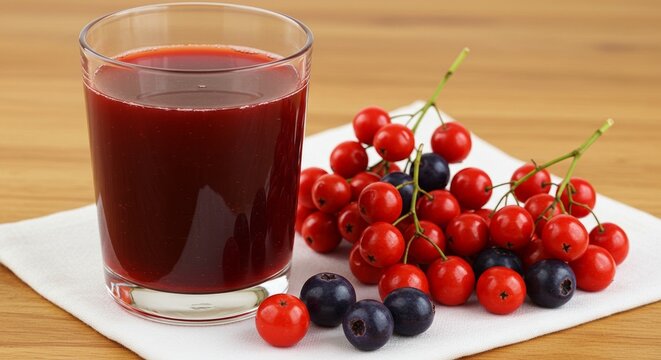 Vibrant still life featuring a glass of deeply pigmented buni juice with fresh clusters