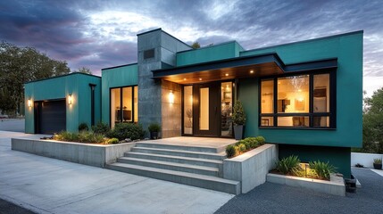 A sleek modern home with soft mint-green stucco walls and light gray concrete details