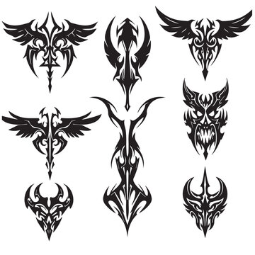 Curvy and decorative swill tattoo design ornament set silhouette collection with black ink spiral shapes for tribal vector tattoo projects
