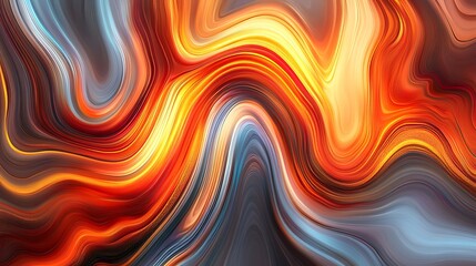 A vibrant abstract design showcasing swirling, fluid lines of orange, red, and gray hues.