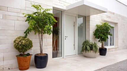 A sleek modern house with soft white aluminum door frames on the front entrance, accented by smooth beige stone walls