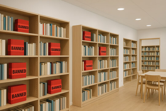 Modern library shelves display bold red “BANNED” books among regular volumes, symbolizing censorship in education and culture.