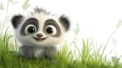 Fototapeta premium Cute baby panda sitting in grass with a playful expression in bright sunlight